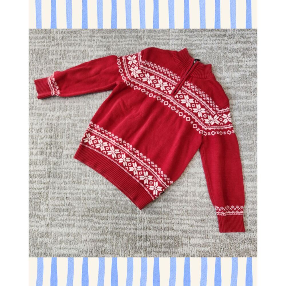 E. Land Kids Red Fair Isle Mock Neck 1/4 Zip Holiday Sweater Size 6X/7 EUC
